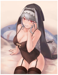  absurdres arknights arm_support bare_arms bare_shoulders beige_background black_nails black_thighhighs breasts cleavage commentary cowboy_shot female garter_straps grey_hair grin habit hand_up highres ikea_shark large_breasts lingerie long_hair looking_at_viewer nail_polish nun photoshop_(medium) red_eyes sitting smile solo spaghetti_strap specter_(arknights) stuffed_animal stuffed_shark stuffed_toy teddy_(lingerie) thighhighs thighs underwear very_long_hair yinghuahua 