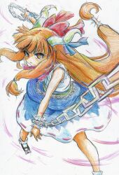  bad_id bad_pixiv_id bow brown_hair chains colored_pencil_(medium) female hairbow highres horns ibuki_suika kitazinger long_hair low-tied_long_hair red_eyes skirt smile solo touhou traditional_media wrist_cuffs 