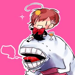  ahoge bow bowtie brown_hair chibi commentary_request cup drinking_glass female gekkoukan_high_school_uniform glass ichimatsu_shiro monster nidhoggr_(megami_tensei) open_mouth persona persona_3 persona_3_portable pink_background red_bow red_bowtie school_uniform shiomi_kotone short_hair simple_background smile sparkle teeth tongue wine_glass |_| 