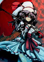  ascot bad_id bad_pixiv_id capelet curiosities_of_lotus_asia demon_wings female hat hat_ribbon long_hair long_sleeves photoshop_(medium) pi_kuro purple_hair red_eyes remilia_scarlet ribbon solo touhou umbrella wings 