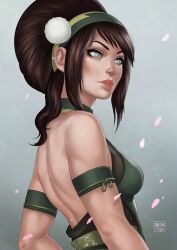  aged_up armband avatar:_the_last_airbender avatar_legends back bare_shoulders blind brown_hair choker closed_mouth commentary dandon_fuga earrings english_commentary expressionless female hairband jewelry lips md5_mismatch petals pom_pom_(clothes) solo toph_bei_fong upper_body white_eyes 