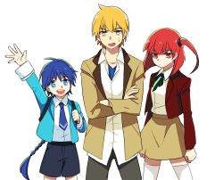  2boys aladdin_(magi) ali_baba_saluja blonde_hair blue_eyes blue_hair braid commentary_request female long_hair magi_the_labyrinth_of_magic morgiana multiple_boys one_side_up photoshop_(medium) red_eyes red_hair school_uniform shokill shorts single_braid waving yellow_eyes 