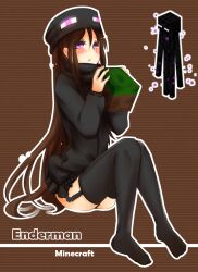  ander_(at2.) at2. bad_id bad_link black_theme block_(minecraft) block_(object) blue_eyes blush brown_hair character_name copyright_name enderman female garter_straps hat highres minecraft panties personification sitting solo thighhighs underwear 