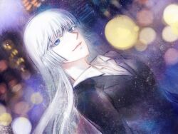  blue_eyes blurry bokeh business_suit commentary_request depth_of_field dutch_angle female formal jormungand_(manga) koko_hekmatyar long_hair loup-garou solo suit white_hair 