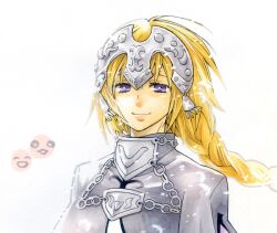  blonde_hair braid capelet commentary_request fate/apocrypha fate/zero fate_(series) female jeanne_d&#039;arc_(fate) jeanne_d&#039;arc_(ruler)_(fate) long_hair purple_eyes solo zen_ryoku_de 