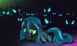  2012 5:3 alexmakovsky arthropod blue_eyes blue_hair changeling equid equine fangs female feral friendship_is_magic glowing glowing_eyes green_eyes group hair hasbro hi_res horn horse insect_wings mammal my_little_pony queen_chrysalis_(mlp) sad silhouette simple_background tail teeth wings young 