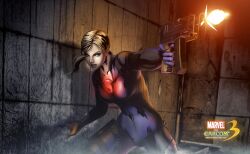  blonde_hair bodysuit bosslogic capcom gun highres jill_valentine marvel marvel_vs._capcom marvel_vs._capcom_3 marvel_vs_capcom marvel_vs_capcom_3 ponytail resident_evil resident_evil_5 shinkiro skin_tight skorpion_vz._61 submachine_gun thigh_strap weapon 