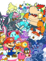  1boy blue_headwear blue_overalls bombette boots bow bow_(paper_mario) bowser bracelet brown_footwear brown_hair building buttons castle character_request eldstar facial_hair fangs fish general_guy gloves goomba goombario hat holding holding_wand horns huff_n._puff injury jewelry kalmar klevar koopa_troopa kooper kuboba_(guroppa) lakilester lakitu lava_piranha long_sleeves mamar mario mario_(series) misstar moustache mushroom muskular open_mouth overalls pacifier paper_mario paper_mario_64 parakarry piranha_plant princess_peach&#039;s_castle red_bow red_hair red_headwear red_shirt shirt shoes short_hair shy_guy simple_background skolar spiked_bracelet spiked_shell spikes standing star_(symbol) star_spirits star_wand sunglasses super_mushroom super_star_(mario) sushie tegaki thick_eyebrows tower tubba_blubba turtle turtle_shell wand watt_(paper_mario) white_background white_gloves wings |_| 