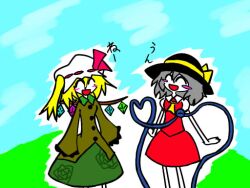  2girls :d ^_^ ascot blonde_hair blush_stickers closed_eyes commentary_request cosplay costume_switch eyeball flandre_scarlet flandre_scarlet_(cosplay) good_end grey_hair happy hat hat_ribbon heart heart_of_string koishi_komeiji&#039;s_heart-throbbing_adventure komeiji_koishi komeiji_koishi_(cosplay) long_sleeves multiple_girls open_mouth ribbon sentaku-bune short_sleeves side_ponytail skirt skirt_set smile third_eye touhou wings 