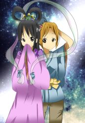  2girls akiyama_mio bad_id bad_pixiv_id black_eyes black_hair blush hagoromo hime_cut hotomo_(ivu) k-on! long_hair multiple_girls shawl shy star_(symbol) tainaka_ritsu tanabata 