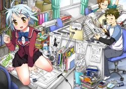  1boy 2girls aihara_minoru blazer blue_hair book book_stack bookshelf bow brown_hair cassette_player comic_studio commentary_request curtains desk drawing drawing_equipment duster eraser glasses hair_ornament hairclip horikawa_hitomi jacket manga_(object) multiple_girls no_shoes official_art on_desk pen photoshop_(medium) rabbit raglan_sleeves school_uniform sekai_ichiko sitting sweatdrop trash trash_bag trash_can ubizo window yellow_eyes 