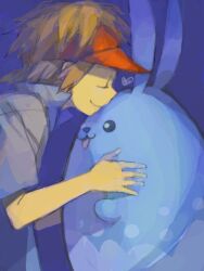  azumarill blue_background brown_hair closed_eyes gen_2_pokemon height_difference holding kissing kyouhei_(pokemon) lechuza pokemon pokemon_(creature) pokemon_(game) pokemon_bw2 tegaki visor_cap 