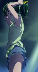  adjusting_hair armpit_peek armpits closed_eyes female green_hair green_shirt grey_shorts haruyama_kazunori midorikawa_nao panties pantyshot precure profile shirt shorts smile_precure solo underwear white_panties 