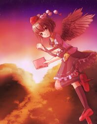  belt black_hair black_socks blouse book camera commentary_request female flying forest geta hat highres index39 kneehighs leg_up looking_at_viewer nature night night_sky red_eyes shameimaru_aya shirt short_hair skirt sky smile socks solo star_(sky) strap tengu-geta tokin_hat touhou twilight wind wind_lift wings 