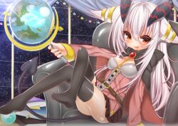  belt black_legwear blush breasts brooch brown_hair cape chair cleavage demon_tail female globe horns inuue_kiyu jewelry lavender_hair oerba_yun_fang open_mouth original skirt sleeves_past_wrists smile solo staff tail thighhighs 