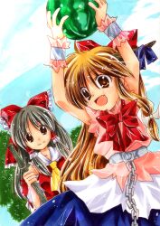  2girls arms_up ascot bamboo_broom belt black_hair blue_sky bow broom brown_eyes chains cloud commentary_request day detached_sleeves food fruit hair_tubes hairbow hakurei_reimu horn_ornament horn_ribbon horns ibuki_suika imoko. lens_flare light_smile long_hair looking_at_another looking_away multiple_girls open_mouth orange_hair ribbon shirt skirt sky sleeveless sleeveless_shirt touhou tree very_long_hair vest watermelon wrist_cuffs 