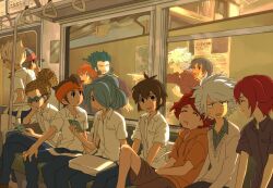  6+boys ahoge bad_id bad_pixiv_id book brown_eyes brown_hair casual commentary_request crossover dreadlocks endou_mamoru goggles gouenji_shuuya hair_over_one_eye hakuryuu_(inazuma_eleven) handa_shin&#039;ichi headband inazuma_eleven inazuma_eleven_(series) inazuma_eleven_go kazemaru_ichirouta kidou_yuuto kiyama_hiroto long_hair male_focus matsukaze_tenma matsuno_kuusuke multiple_boys nagumo_haruya open_mouth ponytail reading red_hair saliva school_uniform shuu_(inazuma_eleven) sleeping smile subway suzuno_fuusuke temk train_interior tsurugi_kyousuke white_hair 