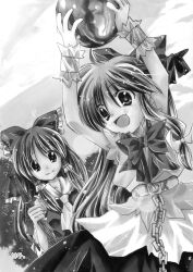  2girls arms_up artist_name ascot bamboo_broom belt bow broom chains cloud commentary_request detached_sleeves food fruit greyscale hair_ribbon hair_tubes hakurei_reimu horns ibuki_suika imoko. lens_flare light_smile long_hair looking_at_another looking_away marker_(medium) millipen_(medium) monochrome multiple_girls nib_pen_(medium) open_mouth ribbon shirt skirt sky sleeveless sleeveless_shirt touhou traditional_media tree very_long_hair vest watermelon wrist_cuffs 