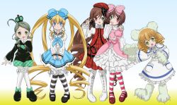  5girls alternate_costume blonde_hair blue_eyes bow brown_hair commentary_request green_eyes green_hair heterochromia hinaichigo kanaria long_hair looking_at_viewer multiple_girls pantyhose pink_bow red_eyes rozen_maiden shinku short_hair siblings sisters smile souseiseki suiseiseki takumi_(rozen_garten) twins 