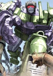  1980s_(style) :o angry assault_visor bad_id bad_pixiv_id constructicon decepticon devastator_(transformers) foreshortening ground_vehicle hk1 leaning_forward leg_lift looking_at_viewer mecha motor_vehicle no_humans open_mouth outdoors outstretched_arm photoshop_(medium) reaching realistic retro_artstyle robot ruins running science_fiction solo transformers transformers:_generation_1 