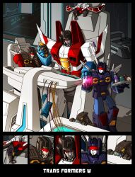  1980s_(style) cain_(the_sky_upside_down) chair commentary_request decepticon frenzy_(transformers) laserbeak mecha no_humans oekaki ravage_(transformers) retro_artstyle robot rumble_(transformers) science_fiction servant sitting spacecraft starscream transformers transformers:_generation_1 