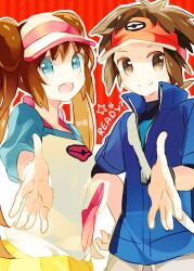  bad_id bad_pixiv_id bag blue_eyes brown_eyes brown_hair double_bun english female hand_on_hip hat jacket kyouhei_(pokemon) long_hair looking_at_viewer mei_(pokemon) messenger_bag namie-kun open_mouth outline outstretched_hand pokemon pokemon_(game) pokemon_bw2 raglan_sleeves red_background short_hair shoulder_bag smile star striped striped_background twintails visor_cap 