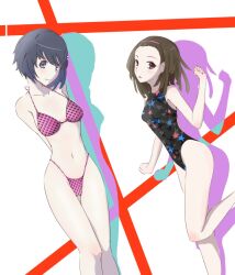  2girls bakemonogatari bikini black_eyes black_hair brown_eyes brown_hair commentary_request commission commissioner_upload competition_swimsuit gnosis_(ylyk) hairband hanekawa_tsubasa legs long_legs monogatari_(series) multiple_girls nisemonogatari one-piece_swimsuit polka_dot polka_dot_bikini polka_dot_swimsuit sengoku_nadeko short_hair swimsuit 