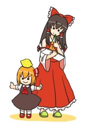  2girls :&gt; :/ ascot black_hair blonde_hair bow brown_hair chibi commentary_request detached_sleeves food food_on_head fruit fruit_on_head hair_ribbon hair_tubes hairbow hakurei_reimu head_tilt jpeg_artifacts lemon lolicon multiple_girls notebook object_on_head outstretched_arm outstretched_arms pen ribbon rumia shirt short_hair short_sleeves skirt skirt_set slippers smile solid_circle_eyes spread_arms terrajin touhou wide_sleeves 