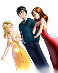  1boy 2girls animification bad_id bad_pixiv_id bare_shoulders black_hair blonde_hair breasts cleavage couple dress dutch_angle earrings formal ginny_weasley glasses gryffindor hands_in_pockets harry_potter harry_potter_(series) hogwarts_school_uniform jewelry k2shh locked_arms long_hair luna_lovegood medium_breasts multiple_girls necklace necktie photoshop_(medium) red_dress red_hair round_eyewear scar scar_on_face scar_on_forehead school_uniform straight sweater v-neck wizarding_world yellow_dress 