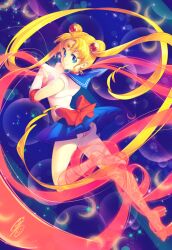  back_bow bishoujo_senshi_sailor_moon blonde_hair blue_background blue_eyes blue_sailor_collar blue_skirt bow choker commentary_request double_bun female full_body gina_chacon gloves hair_bun hair_ornament hairpin henshin long_hair looking_back magical_girl panties photoshop_(medium) pink_panties pleated_skirt red_bow ribbon sailor_collar sailor_moon sailor_senshi_uniform skirt smile solo tiara tsukino_usagi twintails underwear white_gloves 