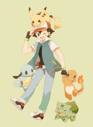  bulbasaur cap charmander hat lolicon mei_(maysroom) pikachu poke_ball pokemon pokemon_(anime) satoshi_(pokemon) squirtle wink 