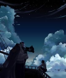  2boys cloud clouds crossed_arms crouch edward_newgate facial_hair hat jolly_roger male male_focus moustache multiple_boys night night_sky one_piece outdoors pirate pirate_flag portgas_d_ace ship sky squatting topless 