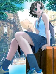  black_hair brown_hair day female green_eyes holding holding_letter letter masaharu outdoors shoes short_hair sitting skirt sky sleeveless smile socks solo tank_top 