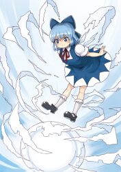  blue_eyes blue_hair blush bow cirno dress female frown hairbow mary_janes nosuku shoes short_hair solo touhou wings 