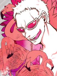  1boy animal bird blonde_hair boa donquixote_doflamingo feather_boa feathers flamingo lotusmartus male male_focus male_only one_piece shichibukai short_hair solo spot_color sunglasses tongue tongue_out 