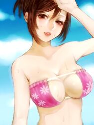  bikini bikini_top_only blush breasts brown_eyes brown_hair cleavage commentary_request female large_breasts lips looking_at_viewer meiko_(vocaloid) meriko pink_bikini project_diva_(series) project_diva_2nd smile solo sweat swimsuit swimwear_(module) swimwear_b_(module) vocaloid 