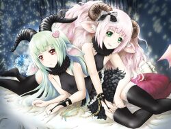  2girls animal_ears bad_id bad_pixiv_id bondage bondage bound green_eyes green_hair horns long_hair lying multiple_girls original pink_hair red_eyes sheep_ears thighhighs tongue velvet06 zodiac 