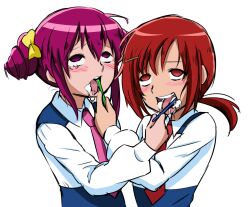  2girls ahe_gao bad_link blush brushing_teeth colorized drill_hair ge-b hair_ornament hair_ribbon hairclip highres hino_akane_(smile_precure!) hoshizora_miyuki multiple_girls necktie parody ponytail precure purple_eyes purple_hair red_eyes red_hair ribbon sexually_suggestive smile_precure tears toothbrush toothpaste twin_drills twintails white_background 