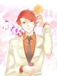  1boy aokiri_(dolce) bad_id bad_pixiv_id bug butterfly highres male_focus necktie red_hair smile solo umineko_no_naku_koro_ni ushiromiya_battler 