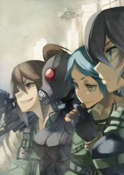  4girls aircraft assault_rifle blue_eyes blue_hair brown_hair cigar commentary_request gas_mask gloves green_eyes group_picture group_profile gun helicopter highres lineup load_bearing_vest m4_carbine mask multiple_girls original pepe_(jonasan) profile red_eyes rifle short_hair weapon 