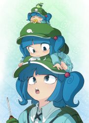  3girls aged_down baby bad_id bad_pixiv_id beans blue_eyes blue_hair blush hair_bobbles hair_ornament hat kawashiro_nitori mini_person minigirl multiple_girls multiple_persona open_mouth pacifier screwdriver short_hair sleeping spacezin touhou two_side_up upper_body 