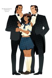  2boys amon_(legend_of_korra) avatar_legends blue_eyes bow bowtie brown_hair commentary_request dark_skin female formal hair_tubes isist korra long_hair multiple_boys ponytail school_uniform serafuku sideburns spoilers suit tarrlok the_legend_of_korra topknot transparent_background v 