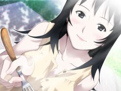  bandaid bandaid_on_hand black_eyes black_hair female fork game_cg jinguuji_rio looking_at_viewer senpai_ga_fiancee!? shinohara_yuuno smile 