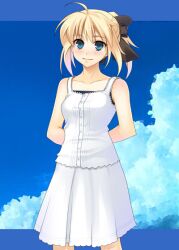  ahoge alternate_costume arms_behind_back artoria_pendragon_(fate) azu bare_shoulders blonde_hair blue_eyes bow casual cloud day dress fate/stay_night fate/unlimited_codes fate_(series) female hairbow long_hair ponytail saber_lily sky solo 