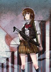  40hara ahoge bad_id bad_pixiv_id blush bow bowtie braid brown_hair female gun h&amp;k_mp5 handgun headset heckler_&amp;_koch holding holding_gun holding_weapon load_bearing_vest long_hair military_operator original school_uniform skirt sleeves_rolled_up solo submachine_gun trigger_discipline weapon 