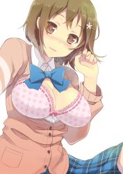  blush bra breasts breasts_out brown_eyes brown_hair cardigan cleavage commentary_request female flower hair_flower hair_ornament hairclip idolmaster idolmaster_cinderella_girls large_breasts mimura_kanako open_clothes open_shirt plaid plaid_skirt pochi_(pochi-goya) polka_dot polka_dot_bra school_uniform shirt short_hair skirt smile solo underwear white_bra 