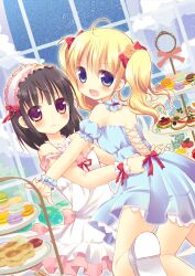  2girls :d ahoge aino_osaru bare_shoulders blonde_hair blue_eyes blush brown_eyes brown_hair commentary_request dress food hairband headdress highres lolita_hairband looking_at_viewer macaron multiple_girls open_mouth original outstretched_arm sandwich scone short_hair smile tiered_tray twintails 