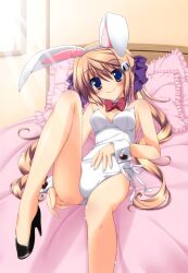  absurdres animal_ears bare_legs bed blue_eyes blush breasts brown_hair dog_hair_ornament female frilled_pillow frills hair_ornament hand_on_own_stomach high_heels highres koiiro_soramoyou legs long_hair lucie lying medium_breasts on_back on_bed pillow playboy_bunny rabbit_ears shinohara_sera shoes smile solo sunlight 