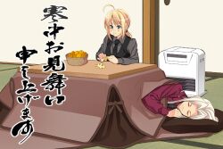  2girls ahoge artoria_pendragon_(fate) azu black_gloves blonde_hair blush_stickers eating fate/zero fate_(series) food formal fruit gloves green_eyes irisviel_von_einzbern kotatsu long_hair mandarin_orange multiple_girls necktie ponytail puffy_cheeks saber_(fate) sleeping suit table vest waistcoat white_hair 