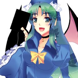  bad_id bad_pixiv_id breasts card choker crescent demon_wings dress female fingerless_gloves gloves green_eyes green_hair hat highres large_breasts long_hair mima_(touhou) open_mouth photoshop_(medium) ribbon smile solo syouzyomiku touhou touhou_(pc-98) wings wizard_hat 